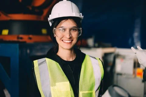 Female technician engineer using controller checking robotic machine Stock Photos