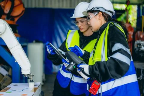 Female technician engineer using controller checking robotic machine Foto stock