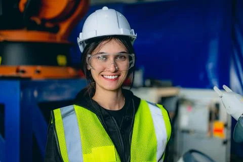 Female technician engineer using controller checking robotic machine 写真素材