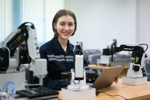 Female technician engineer using laptop checking and operating Foto stock