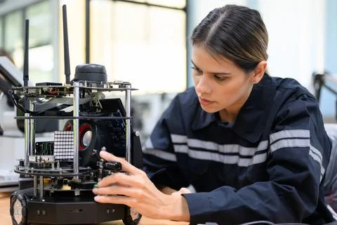 Female technician engineer using laptop checking automatic robotic machine Stock Photos
