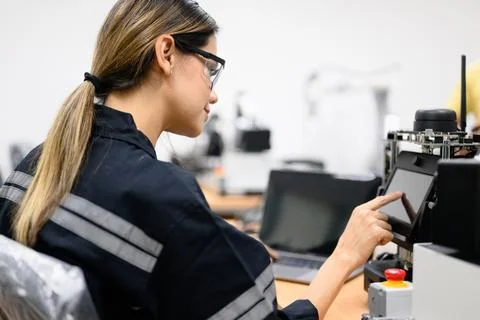 Female technician engineer using laptop checking automatic robotic machine Stock Photos