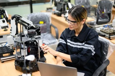 Female technician engineer using laptop checking automatic robotic machine Stock Photos