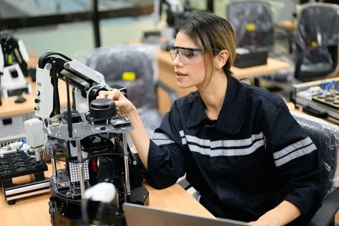 Female technician engineer using laptop checking automatic robotic machine Stock Photos