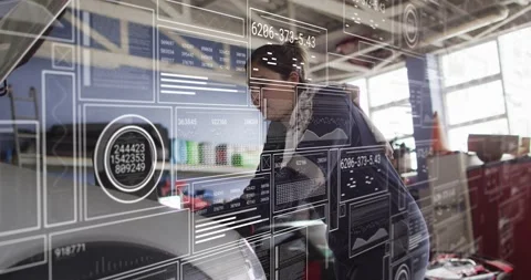 Female technician leaning over open hood, following AR automotive gauges Stock Footage 331085439