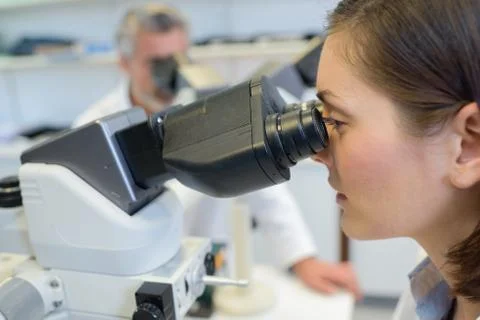 Female technician looking into microscope Stock Photos