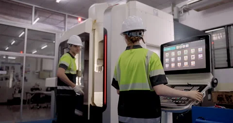 Female technician operating CNC machine touchscreen during automation workshop Stock Footage 313645785