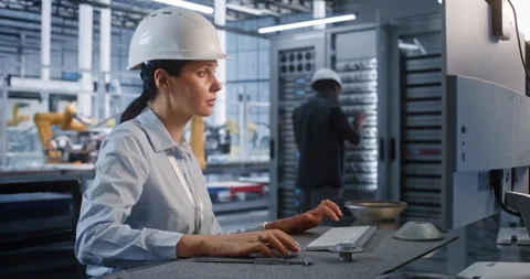Female Technician Operating Computer Workstation near Server Rack in Plant Stock Footage 344385537