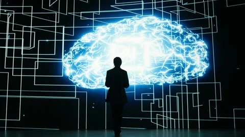 Female technician receiving task assignments from automated AI superintelligence Stock Footage 329591998