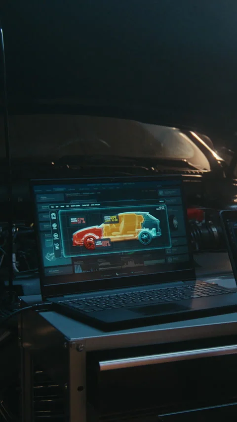 Female Technician Synchronizing Vehicle Diagnostics Between Laptop and Tablet Video stock 330265142