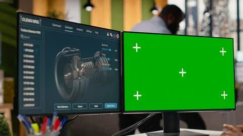 Female technician using CAD tool for wind turbines on isolated screen computer Stock Photos