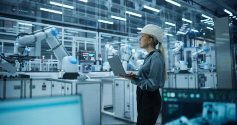 Female Technician Using Laptop in Robotics Factory Video stock 319830001