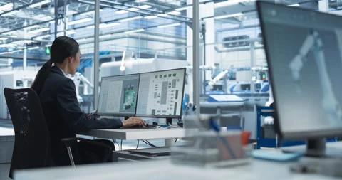Female Technician Working on Computer at Electronics Factory Stock Footage 256044200