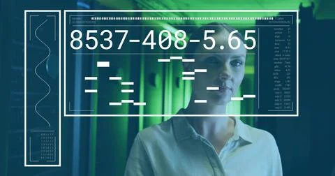 Female technology professional analyzing data on digital interface panel in data Stock Photos
