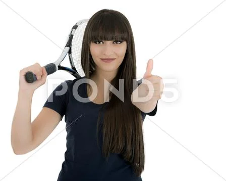 Female tennis player holding a racket and giving a thumb up isolated on white Stock Photos