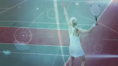 Female tennis player serving with racket on court, showing HUD tech graphics and Stock Footage 327713652