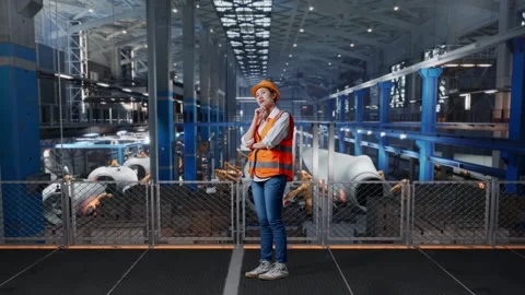 Female Thinking About Something And Looking Around In Factory Of Wind Turbines Stock Footage 270223117