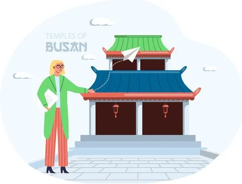 Female tourist stands next to wooden temple traditional construction of asian Stock Illustration