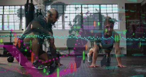 Female trainee doing push-ups after coach cueing for form, data map, charts 動画素材 331336258