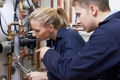 Female trainee plumber working on central heating boiler Stock Photos