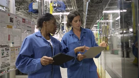 Female transit engineers inspecting train car in maintenance facility Video stock 221033843