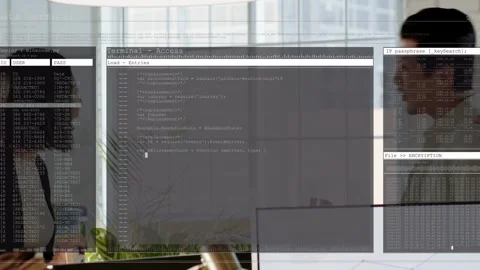 Female turning while code overlays fading in, male entering, peers reviewing Stock Footage 334337918