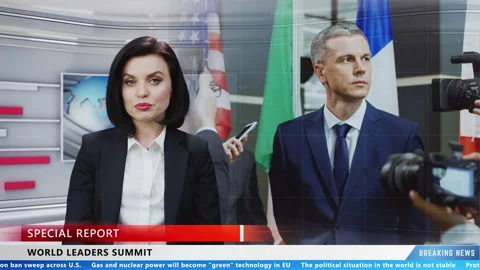 Female TV presenter commenting on summit 스톡 동영상 208477984