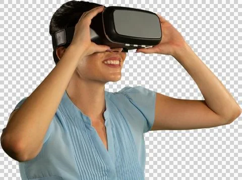 Female use virtual reality headset Stock Photos
