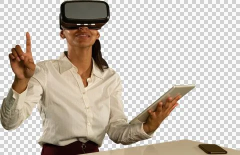 Female use virtual reality headset and digital tablet Stock Photos
