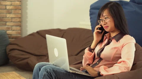 Female uses modern device interior view Stock Footage