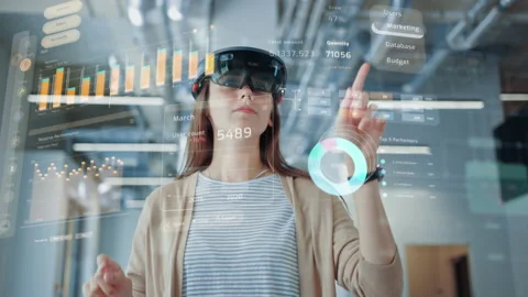 Female Using Augmented Reality Software in Headset Stock Footage 158889325