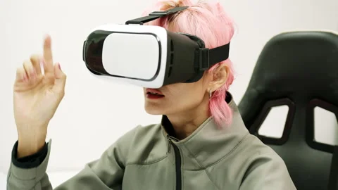 Female Using Gestures with Hands VR goggles headset modern technology Stock Footage 166438869