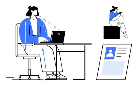 Female using laptop at desk, another sitting on block with smartphone. Profil Stock Illustration