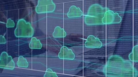Female using laptop trackpad and writing, initiating neon cloud icons linking on Stock Footage 335761805