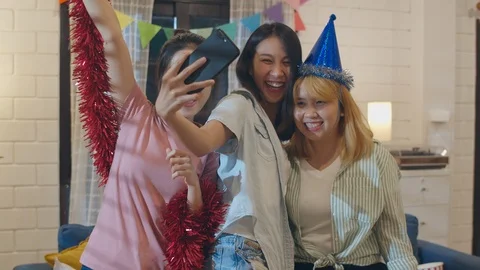 Female using phone making vlog selfie to social media dance together. Stock Footage 110869385