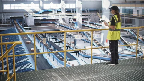 Female Using Tablet in Automated Logistics Sorting Center Stock Footage 243744581