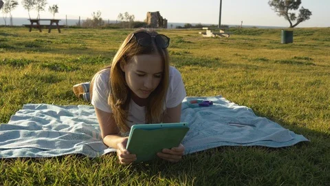 Female using tablet in the park with sea at horizon Stock Footage 102951530