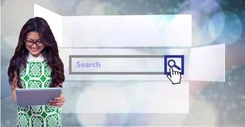 Female using tablet PC with search screen in background Foto stock