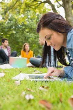 Female using tablet PC while others using laptop in park 写真素材
