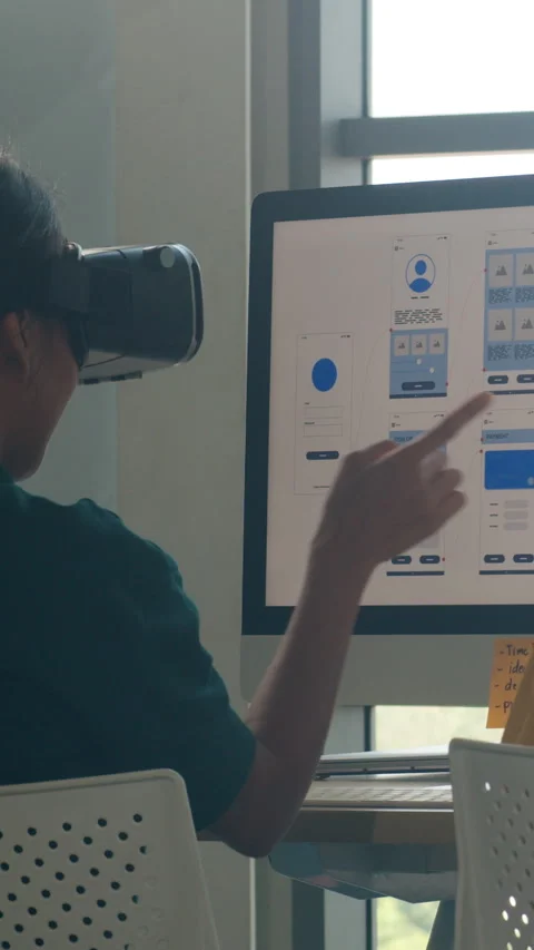 Female using vr glasses (virtual reality) testing mobile app from develop. 스톡 동영상 337020678