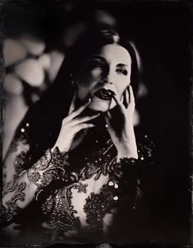 Female vampire stands in front of gothic window. Wetplate collodion (4 of 4) Stock Photos
