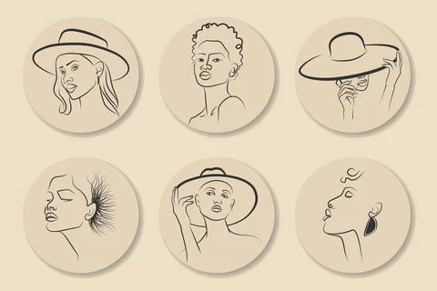 Female various faces types thin line icon set. Stock Illustration