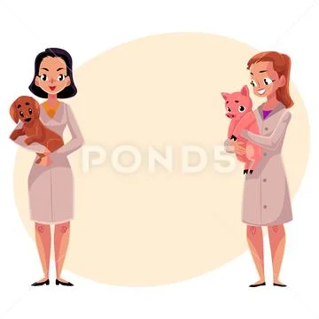 Female veterinarians, vets in medical coats holding dog and pig Stock Illustration