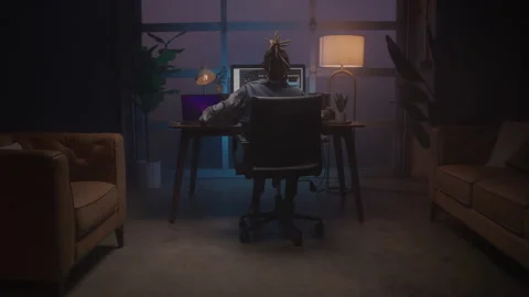 Female Video Editor Working in a Dark Studio Late at Night Stock Footage 270322255