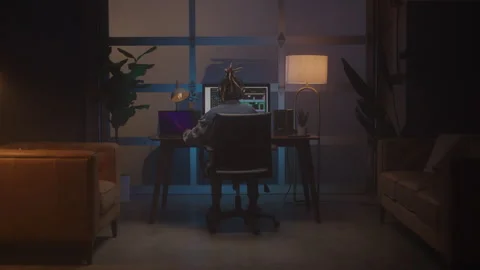 Female Video Editor Working in a Dark Studio Late at Night Stock Footage 270322345