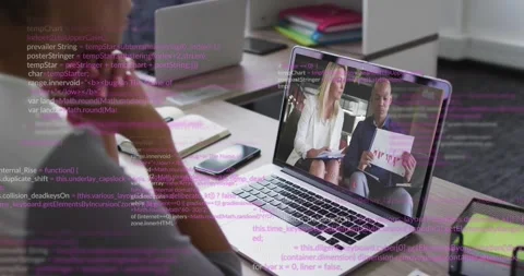 Female viewer starting remote tech meeting on laptop causing animated code Stock Footage 327898405