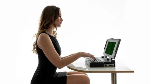 Female on vintage computer with code Stock Footage 237683841