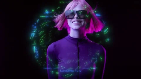 Female in VR glasses interacting with network while having virtual reality. Stock Footage 261280297