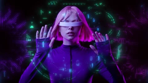 Female in VR glasses interacting with network while having virtual reality. Stock Footage 261280534