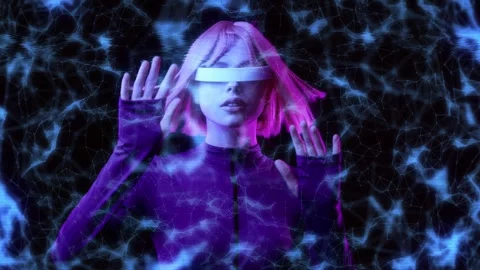 Female in VR glasses interacting with network while having virtual reality. Stock Footage 261281483